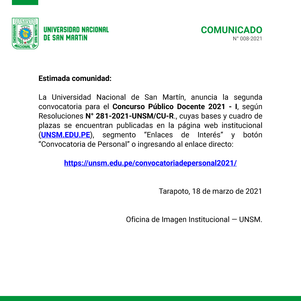 Comunicado | Segunda convocatoria a Concurso Público Docente 2021 –  Universidad Nacional de San Martín